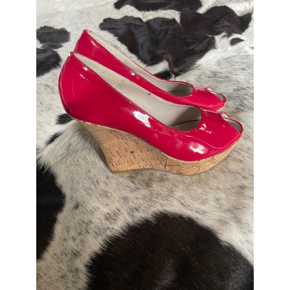 Wild Diva Red Patent Peep Toe Cork Wedge‎ Platform Heels Shoes Size 7